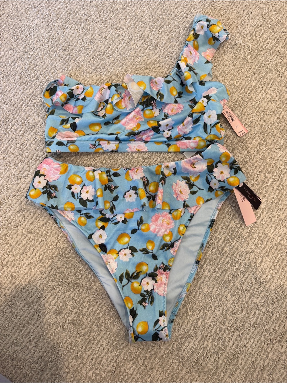 Victoria's Secret Light Blue Lemon & Pink Floral One-Shoulder Ruffle Bikini